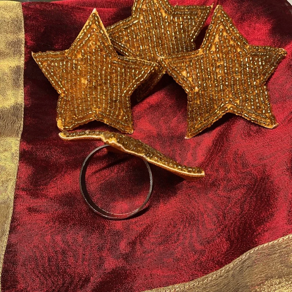 4 Napkin Rings Celestial Beaded Star & 4 Napkins Sheer Red & Gold Bohemian